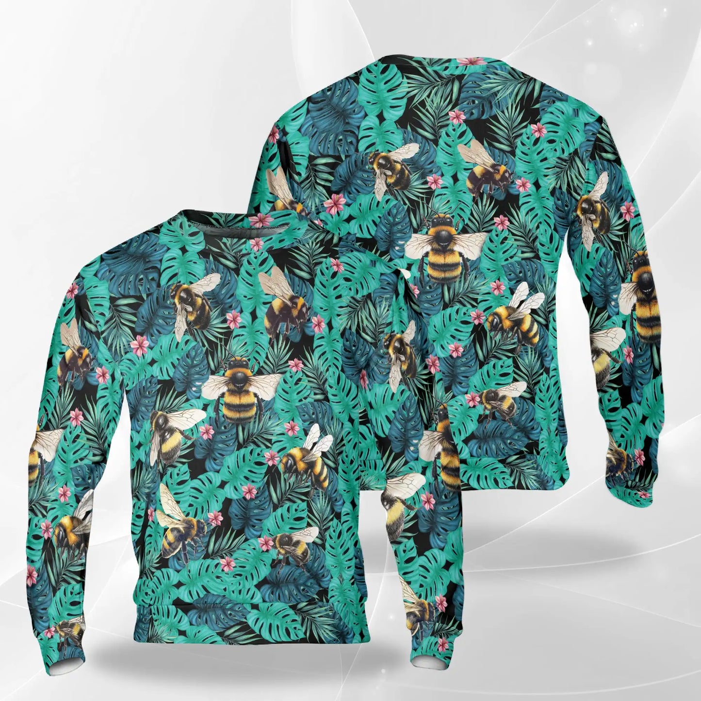 Bee Tropical Sweatshirt, 3D All Over Print Tropical Floral Crewneck Pullover for Men Women, Bee Lover Gift - Netecom