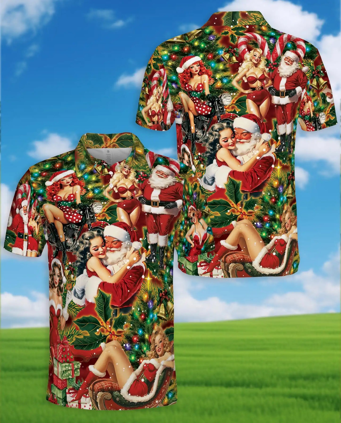 Vintage Santa Pin Up Polo Shirt - Retro Christmas Party Style | Netecom