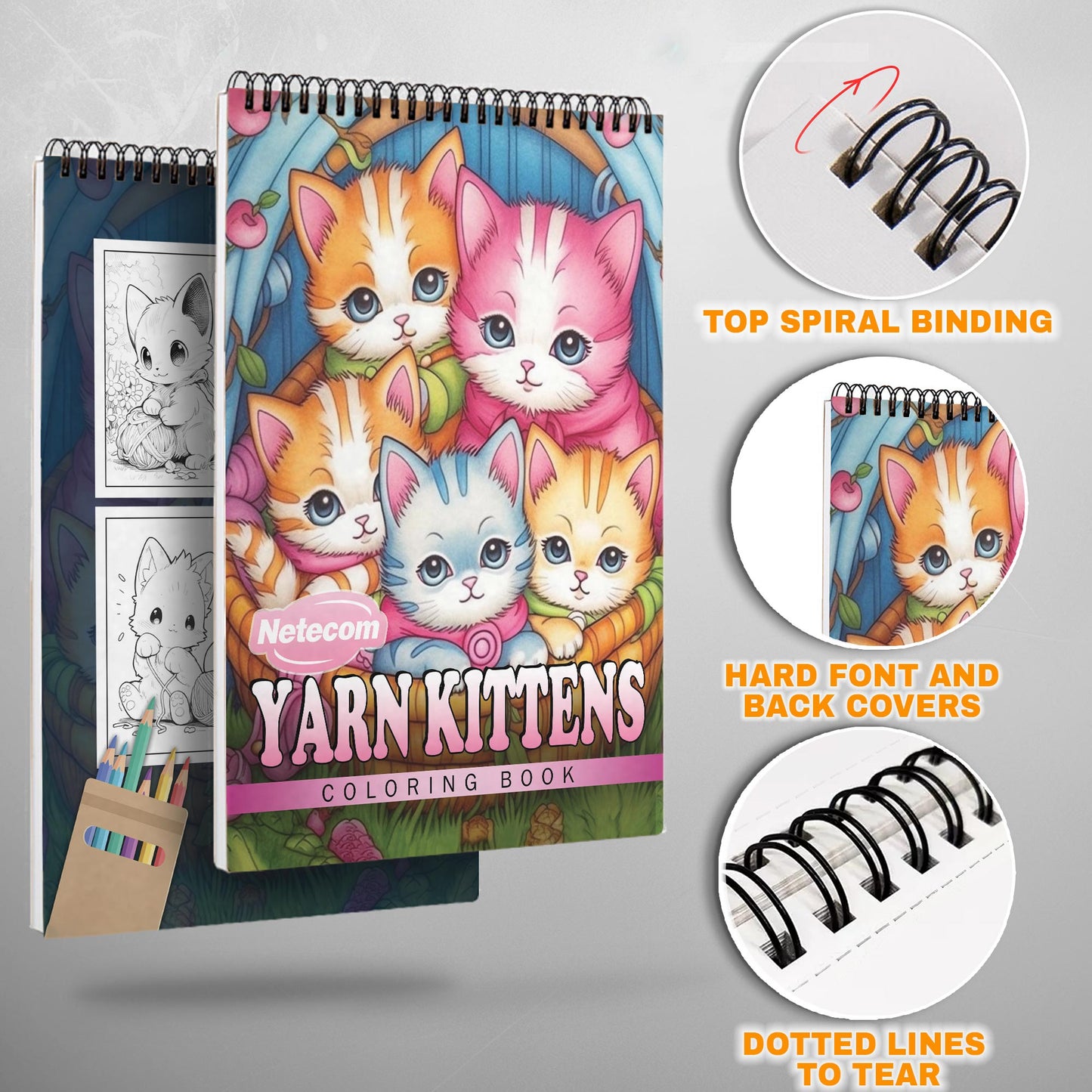 Yarn Kittens Spiral Bound Coloring Book, Playful Kittens with Yarn for a Delightful and Relaxing Coloring Experience, Ideal for Cat Lovers and Crafters