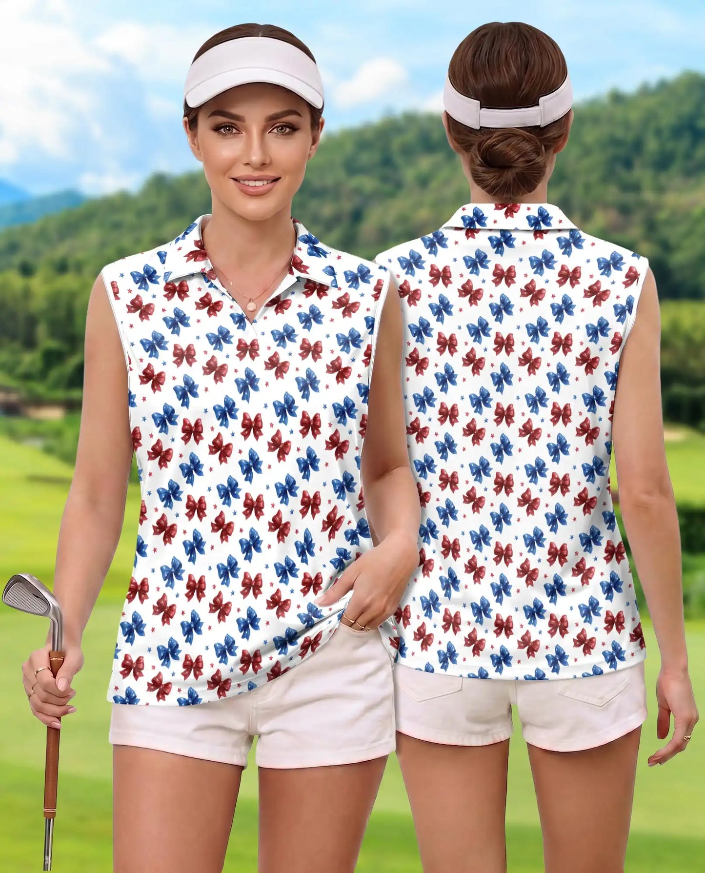 Patriotic Bow Print Sleeveless Polo Shirt for Women | Netecom