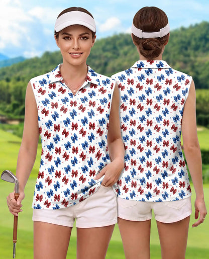 Patriotic Bow Print Sleeveless Polo Shirt for Women | Netecom