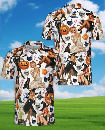 Halloween Pin Up Witch Polo Shirt - Vintage Spooky Retro Style | Netecom
