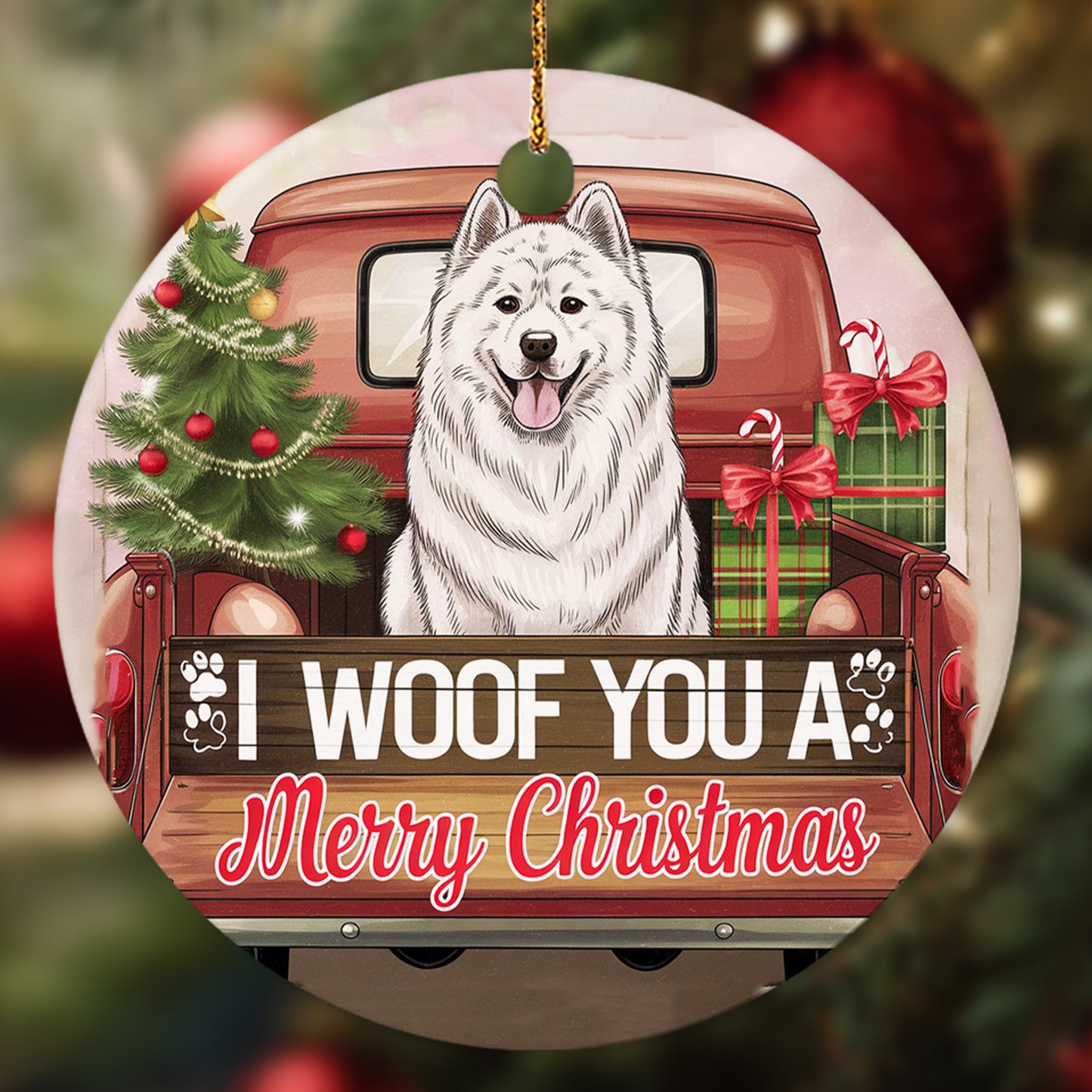 Netecom Cute Samoyed in Holiday Truck Ornament, I Woof You a Merry Christmas Ceramic Ornament for Christmas Tree Hanging Decorations Gift, Pet Lover Gifts, Holiday Decor Present