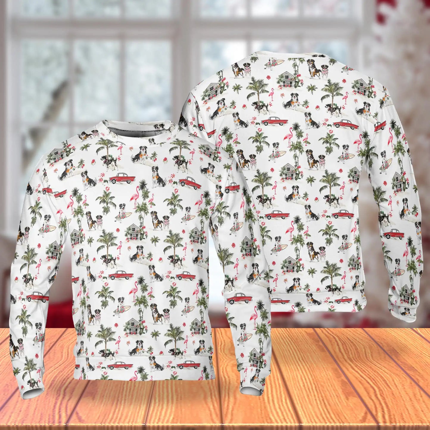 Border Collie Flamingo Palm Tree Tropical Sweatshirt, 3D All Over Print Beach Dog Crewneck Pullover for Men Women, Border Collie Lover Gift - Netecom