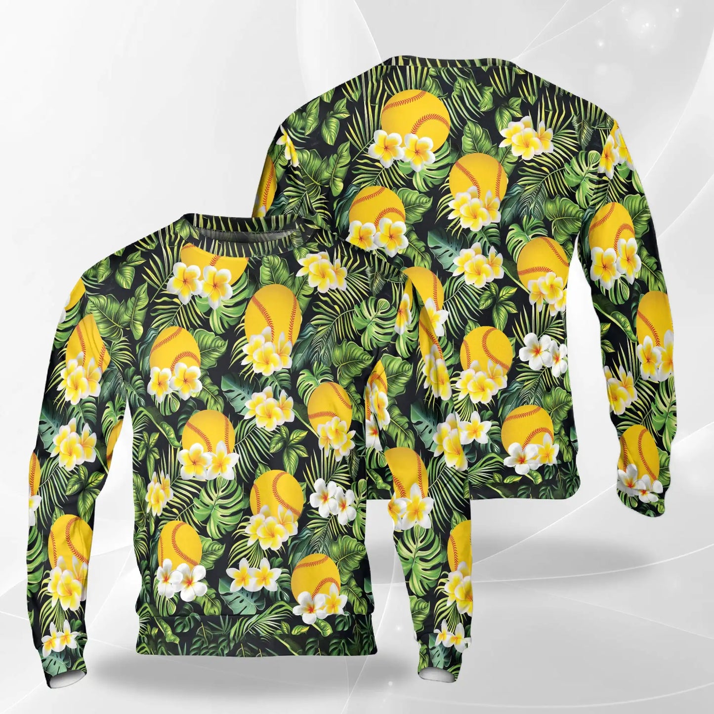 Softball Plumeria Tropical Leaves Sweatshirt, 3D All Over Print Tropical Sports Crewneck Pullover for Men Women, Softball Lover Gift - Netecom
