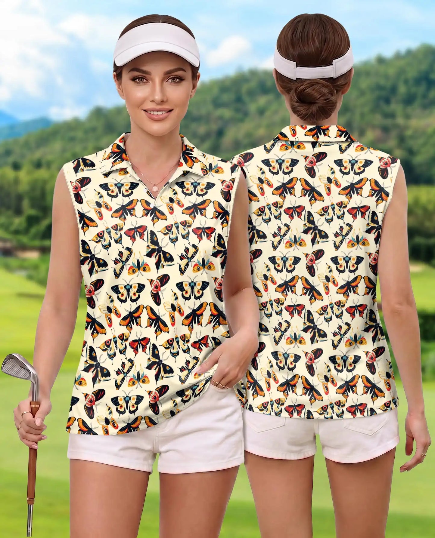 Vintage Butterfly Sleeveless Polo Shirt for Women – Retro Nature Style | Netecom