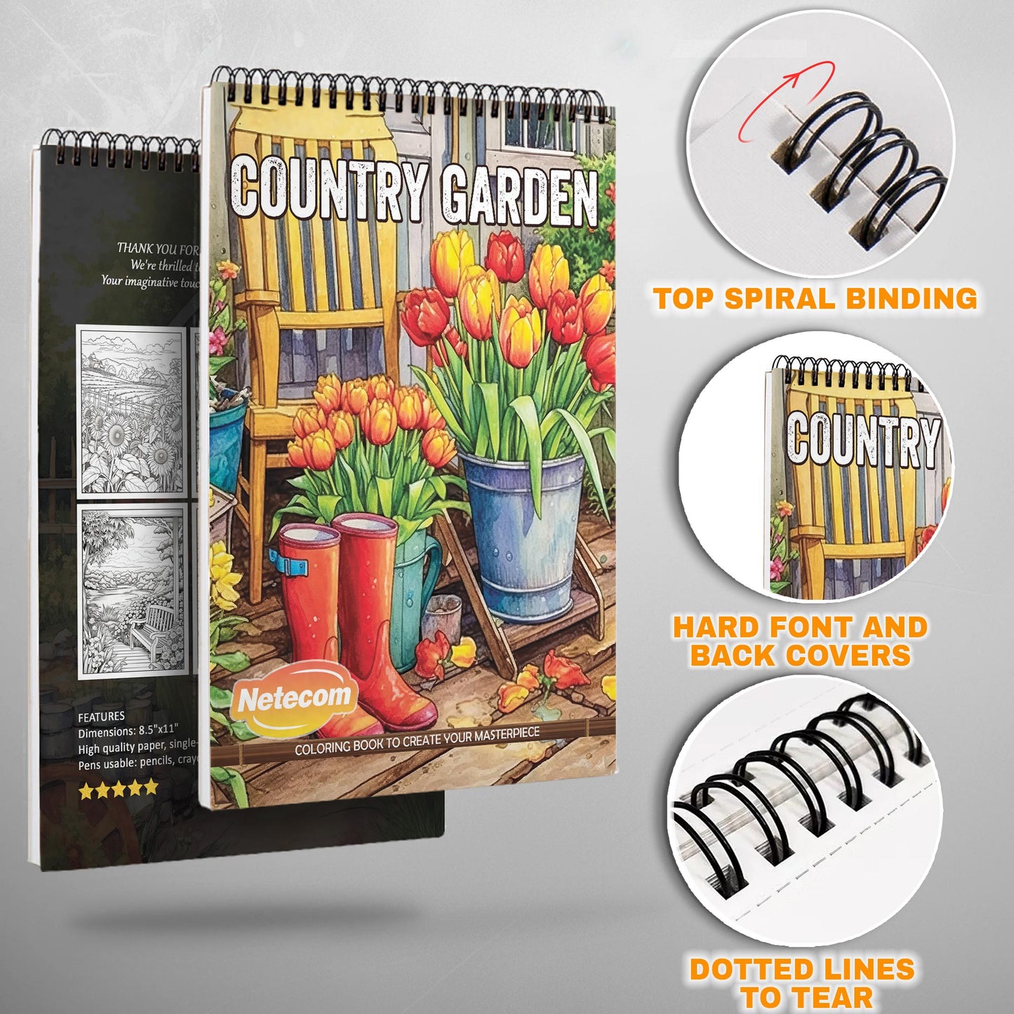 Country Garden Spiral Bound Coloring Book, Idyllic Country Gardens for a Calming and Floral Artistic Retreat, Perfect for Garden Enthusiasts and Nature Fans