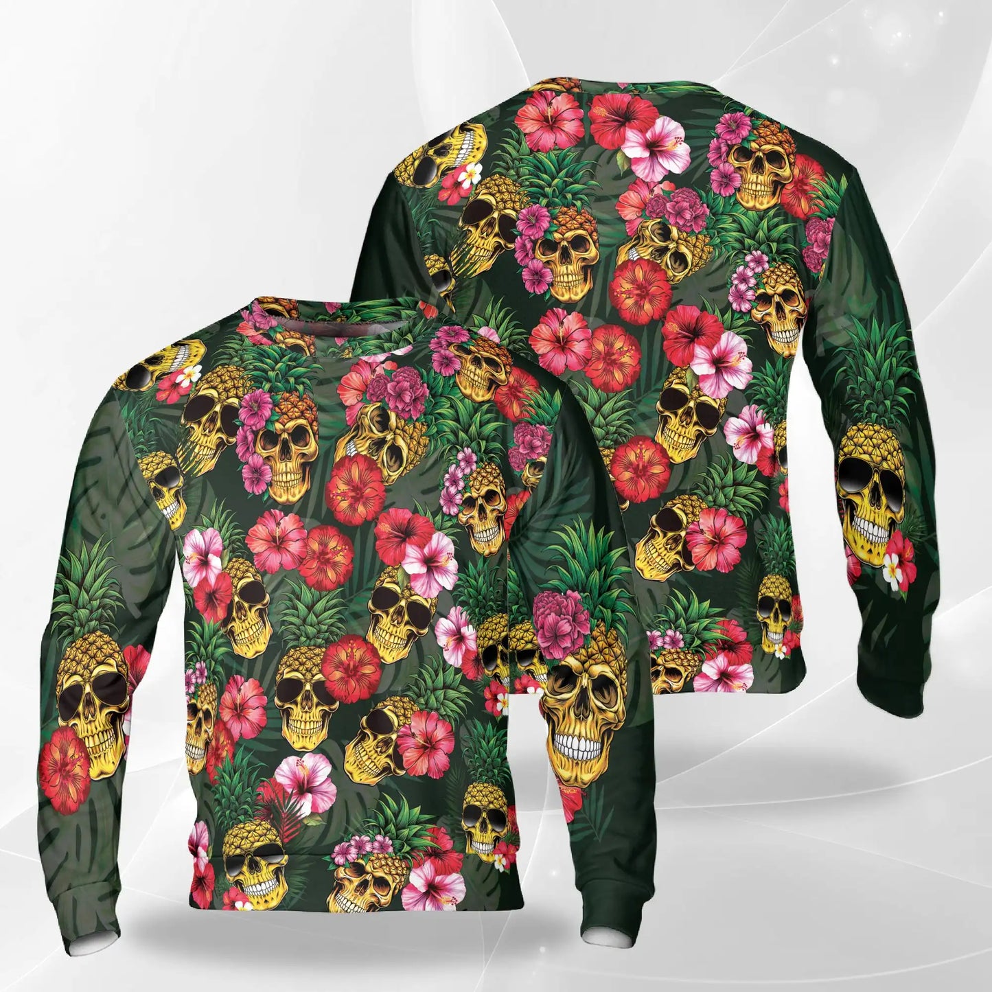 Pineapple Skull Hibiscus Sweatshirt, 3D All Over Print Tropical Floral Skull Crewneck Pullover for Men Women, Island Style Gift - Netecom