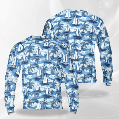 Sailboat Sweatshirt, 3D All Over Print Blue Nautical Ocean Crewneck Pullover for Men Women, Sailing Lover Gift - Netecom