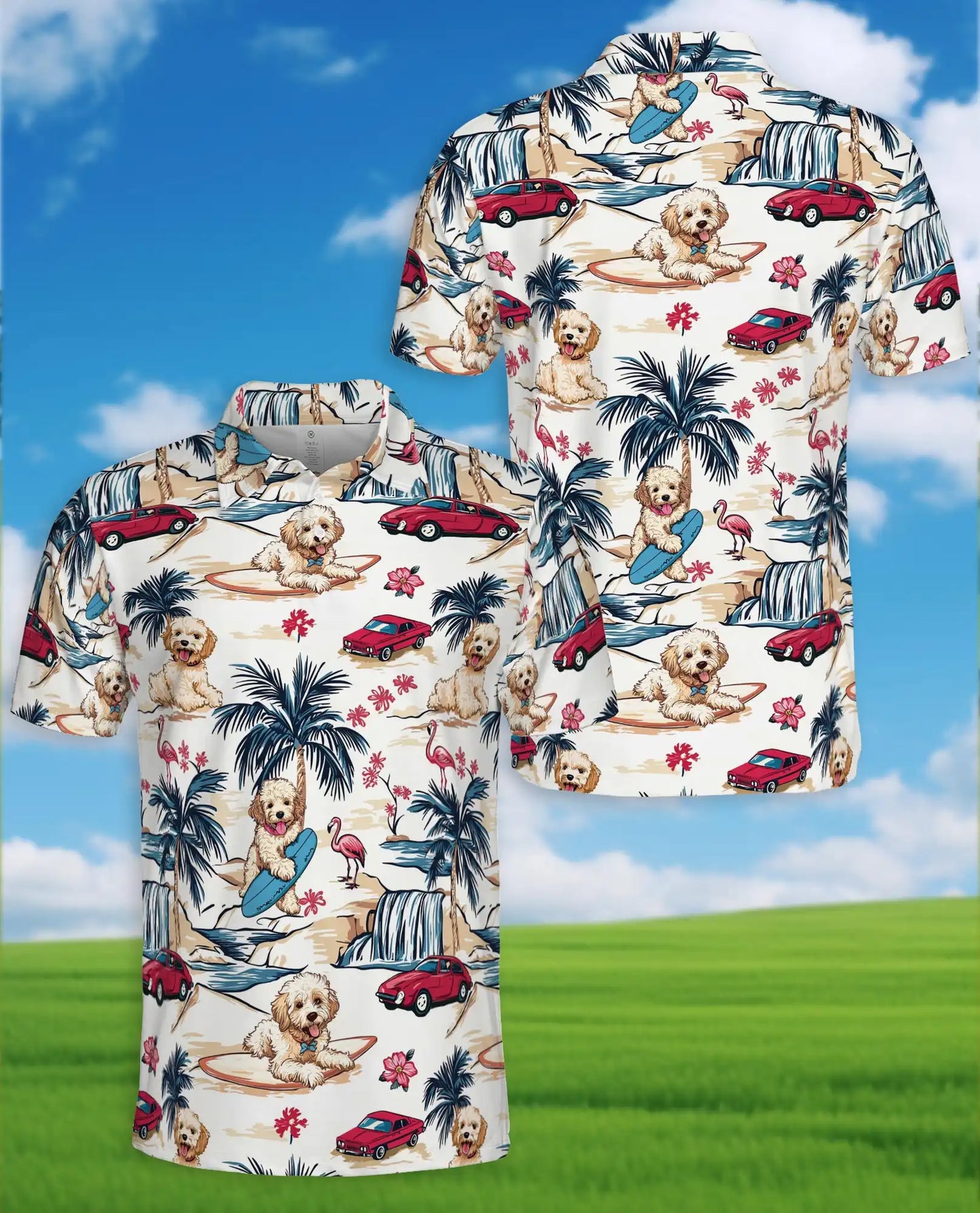 Surfing Dog Beach Polo Shirt - Coastal Tropical Vacation Style | Netecom