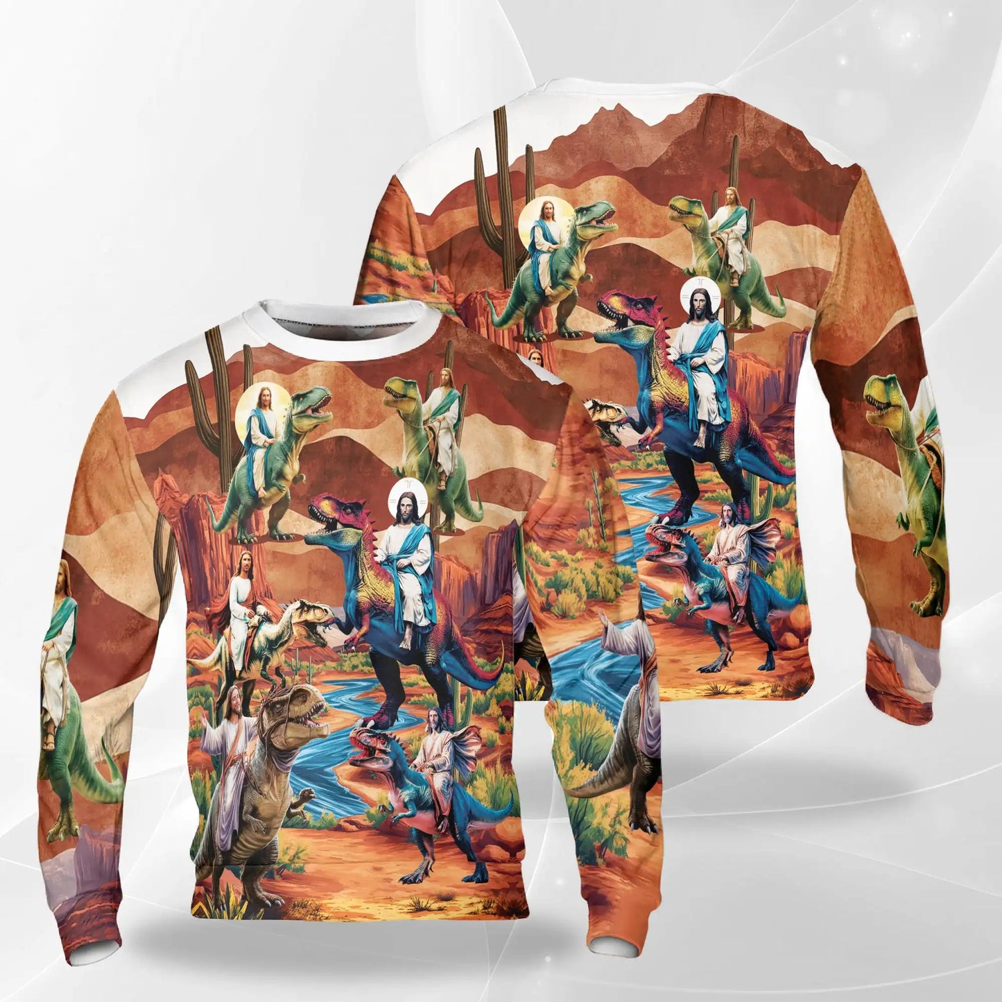 Jesus Riding Dinosaur Orange Sweatshirt, 3D All Over Print Christian Prehistoric Crewneck Pullover for Men Women, Jesus and Dinosaur Lover Gift - Netecom
