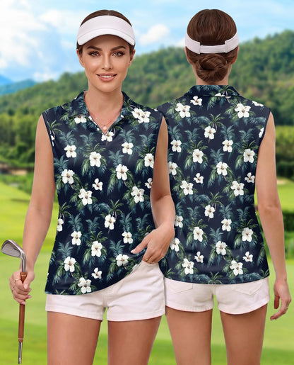 Tropical Hibiscus Pattern Sleeveless Polo Shirt for Women | Netecom