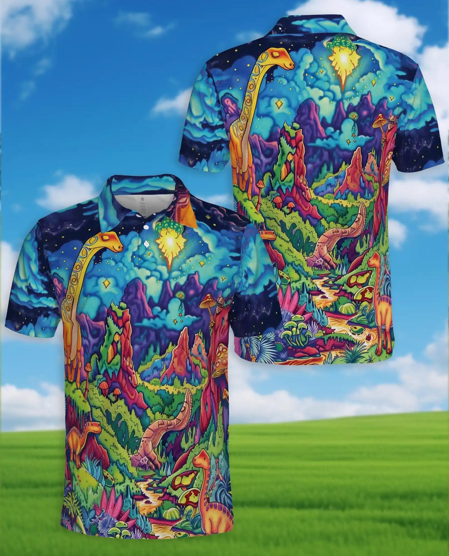 Dinosaur Fantasy Polo Shirt – Colorful Cosmic Art | Netecom