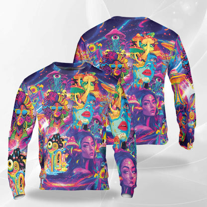 Beauty Hippie Mushroom Sweatshirt, 3D All Over Print Boho Psychedelic Nature Crewneck Pullover for Men Women, Mushroom Lover Gift - Netecom