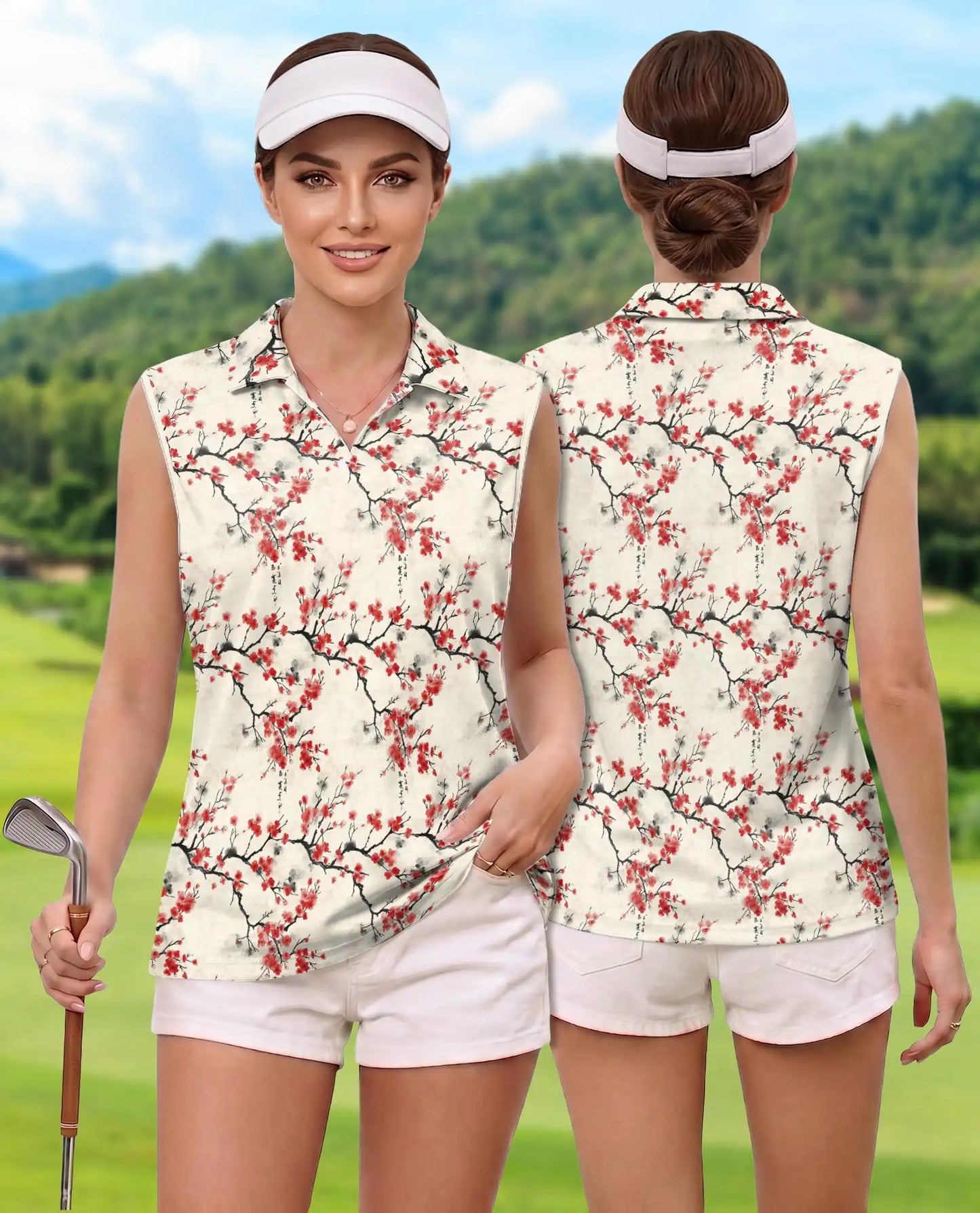 Sumi-e Cherry Blossom Branches Sleeveless Polo Shirt for Women | Netecom