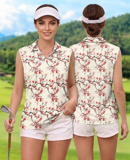 Sumi-e Cherry Blossom Branches Sleeveless Polo Shirt for Women | Netecom