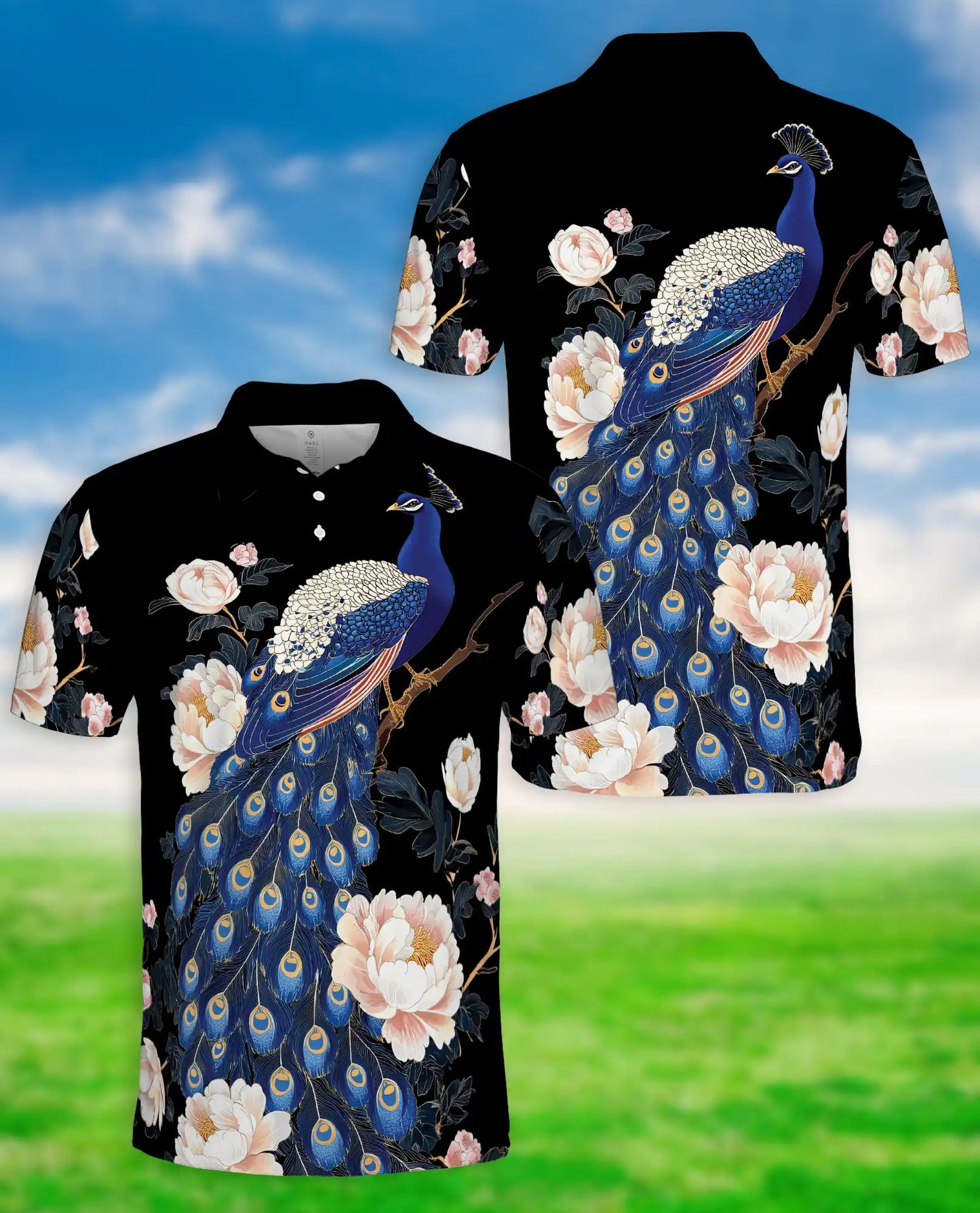 Elegant Peacock Floral Polo Shirt for Men-  Blue Peacock Bird Pattern | Netecom