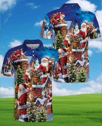 Santa Claus Christmas Village 3D Polo Shirt for Men – Festive Holiday Style | Netecom