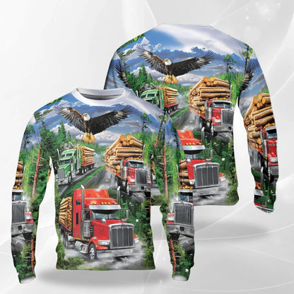 Logging Truck Eagle Sweatshirt, 3D All Over Print Forestry Crewneck Pullover for Men Women, Logger Eagle Lover Gift - Netecom