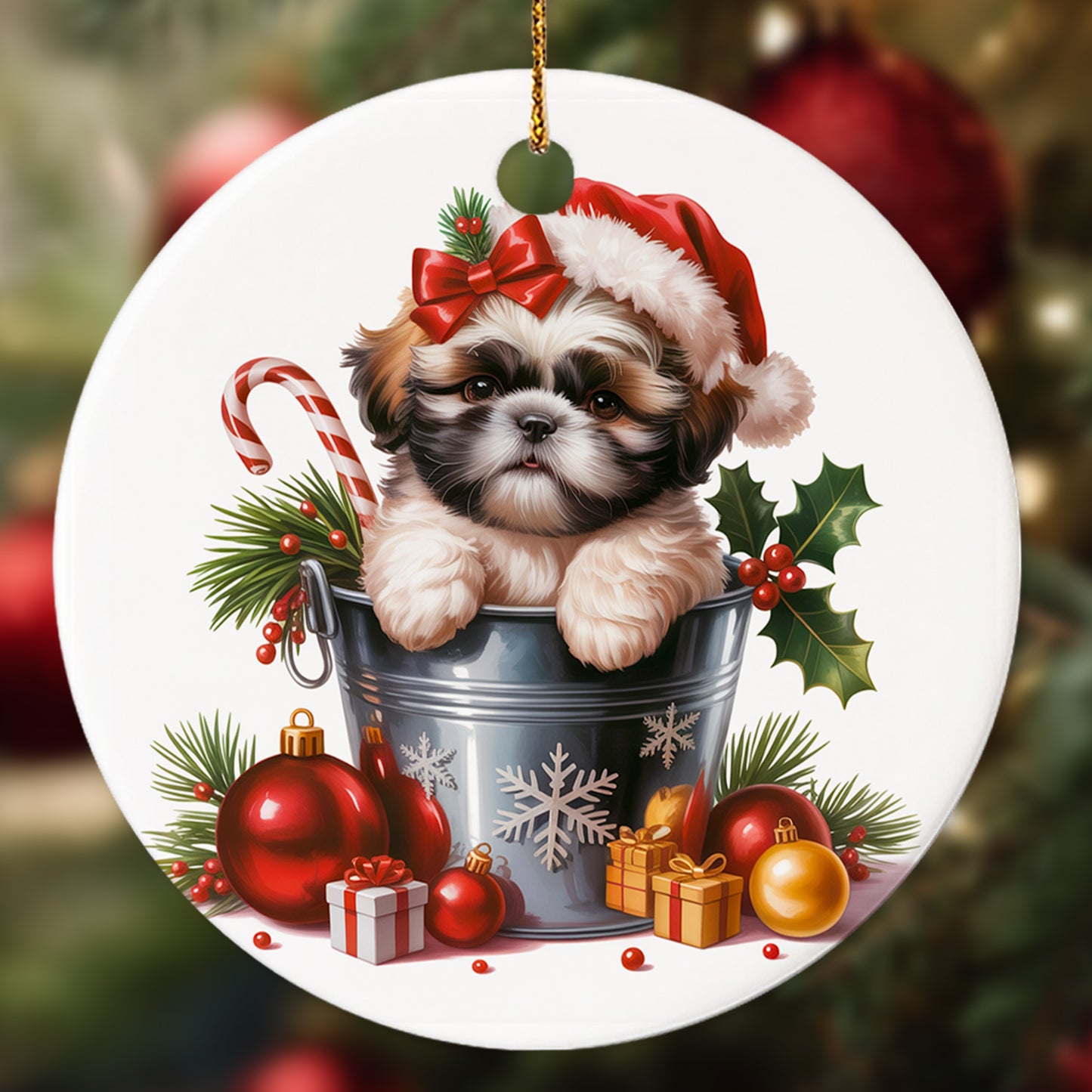 Netecom Cute Shih Tzu in Bucket Ornament, Dog with Santa Hat Ceramic Ornament for Christmas Tree Hanging Decorations Gift, Puppy Lover Gifts, Home Decor, Holiday Party Present