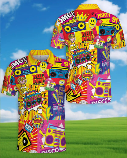 Retro 80s Disco Party Polo Shirt-Neon Boombox Music Design | Netecom