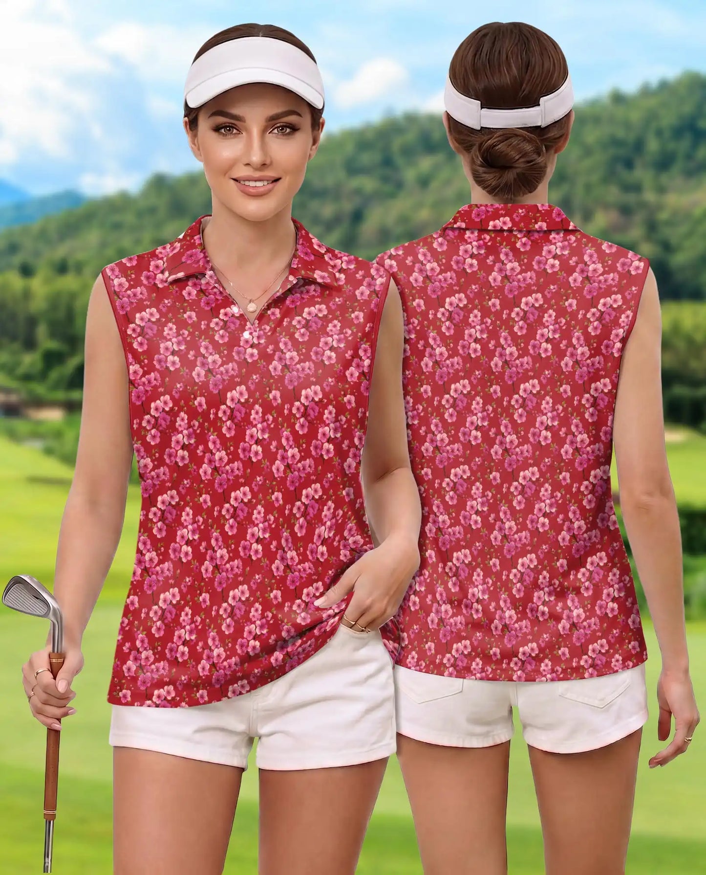 Red Cherry Blossom Sleeveless Polo Shirt for Women  | Netecom