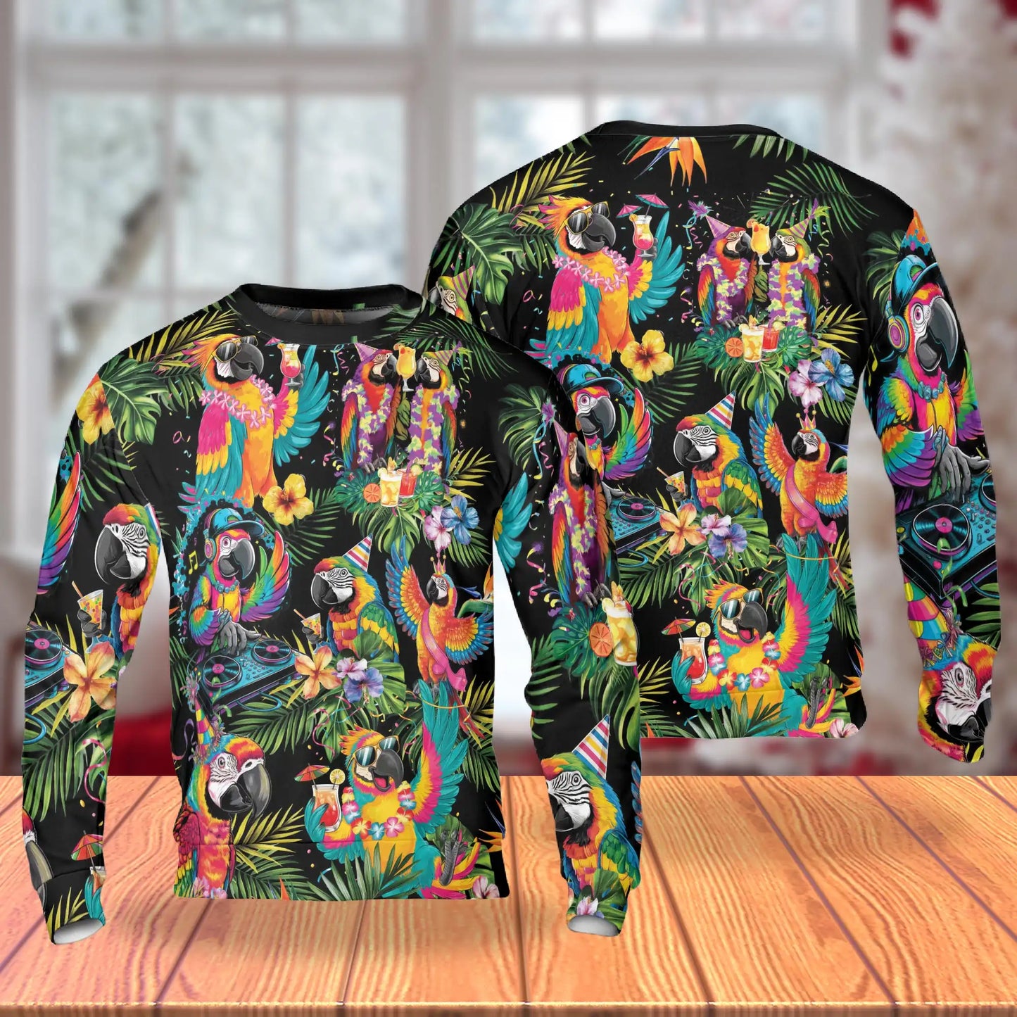 DJ Parrot Tropical Pattern Sweatshirt, 3D All Over Print Colorful Music Bird Crewneck Pullover for Men Women, Parrot Lover Gift - Netecom