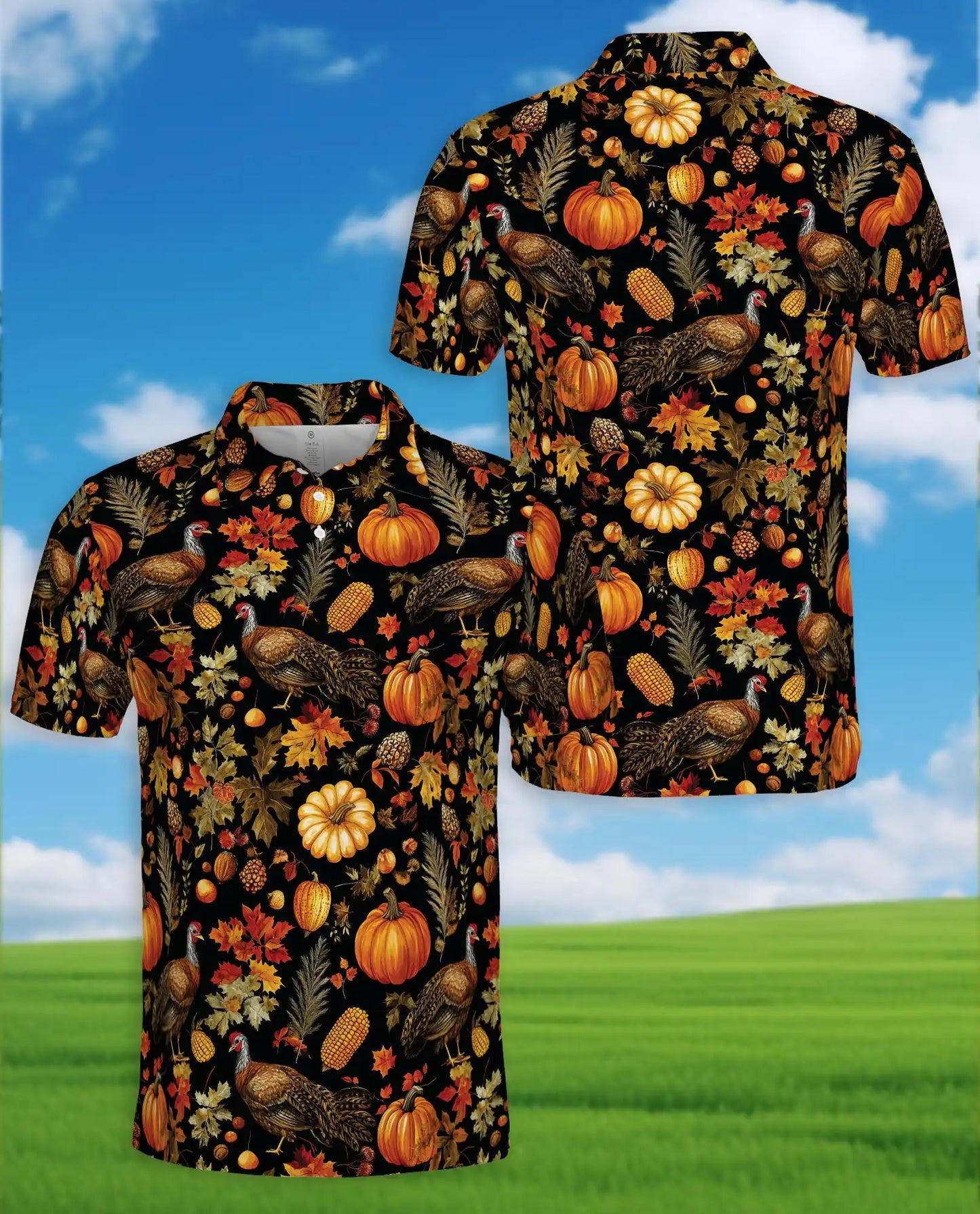 Autumn Turkey Harvest 3D Polo Shirt for Men – Rustic Thanksgiving Farm Style | Netecom
