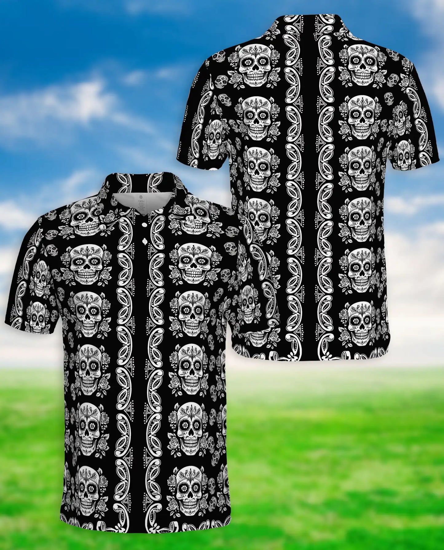 Sugar Skull Polo Shirt – Black Gothic Floral Print | Netecom