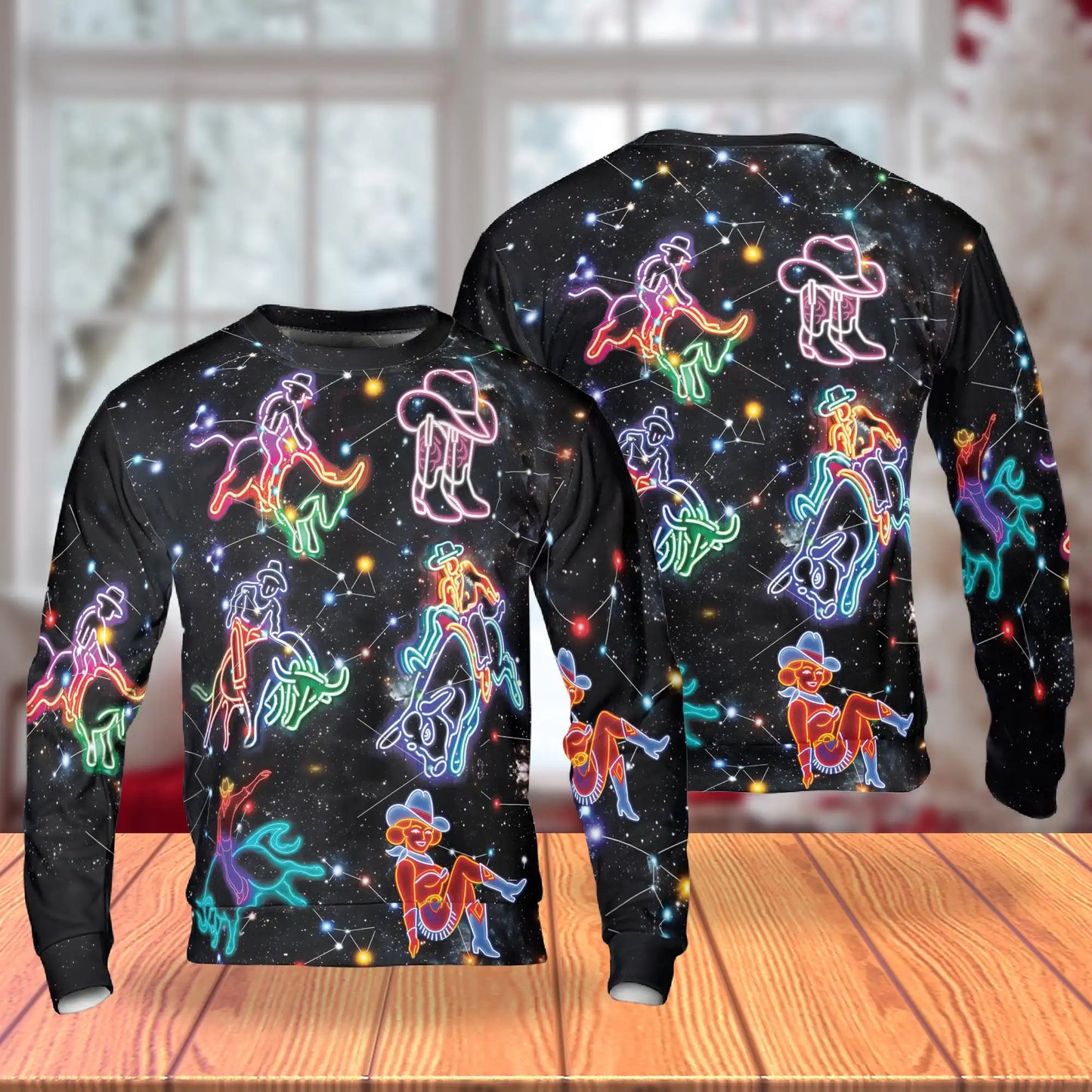 Riding Cow Neon Love Sweatshirt, 3D All Over Print Colorful Western Crewneck Pullover for Men Women, Cow Lover Gift - Netecom