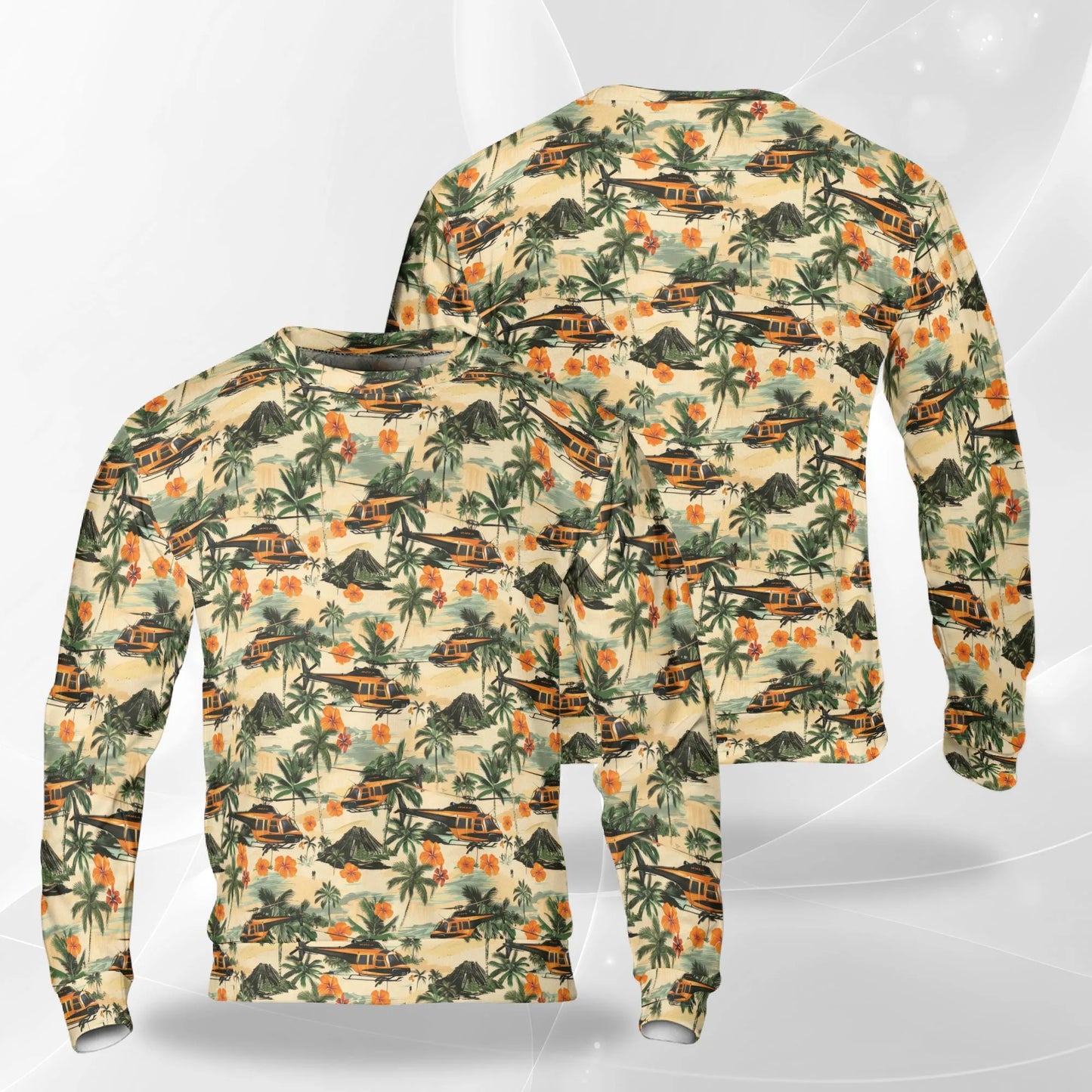 Helicopter Tropical Print Sweatshirt, 3D All Over Print Aviation Island Crewneck Pullover for Men Women, Helicopter Lover Gift - Netecom
