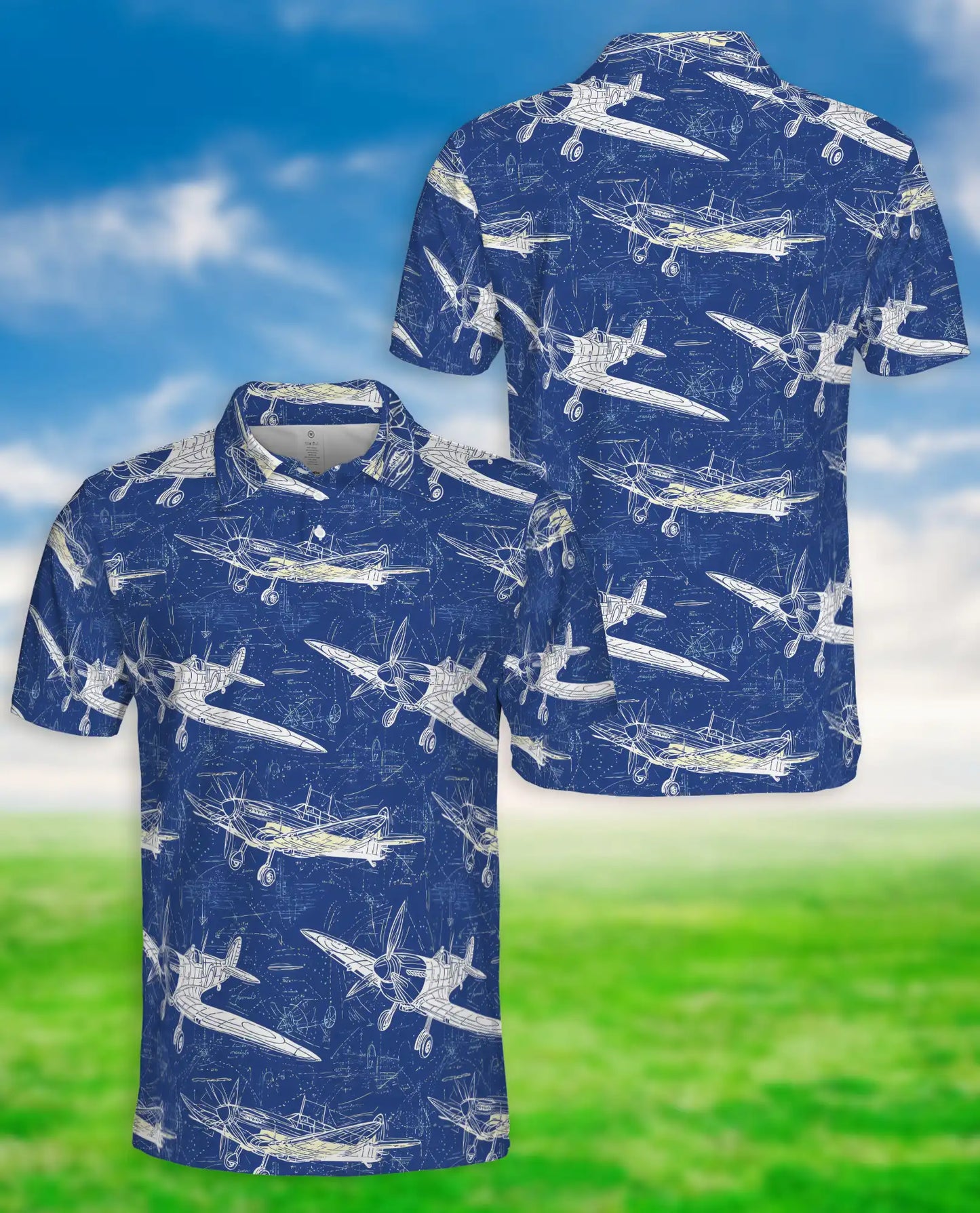 Vintage Airplane Blueprint Polo Shirt for Men-  Aviation Aircraft Print | Netecom