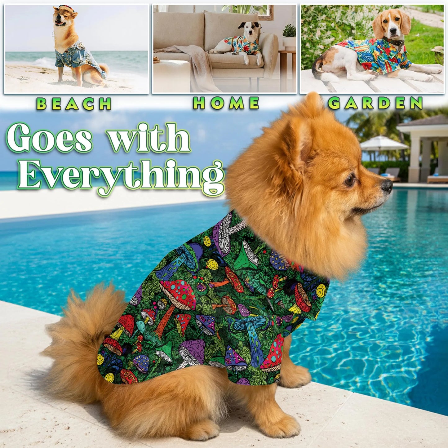 Vintage Hippie Mushroom Print Hawaii Dog and Owner Matching Button Shirts