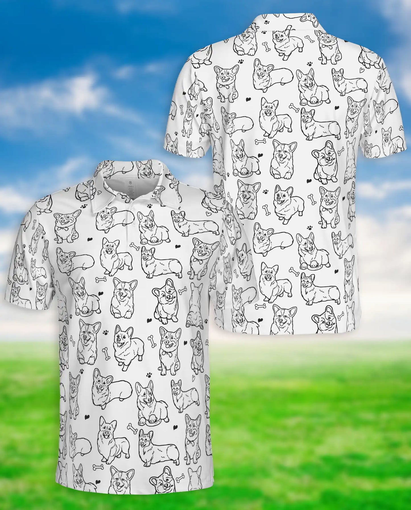 Cute Corgi Sketch 3D Polo Shirt for Men – Minimal Dog Lover Style | Netecom