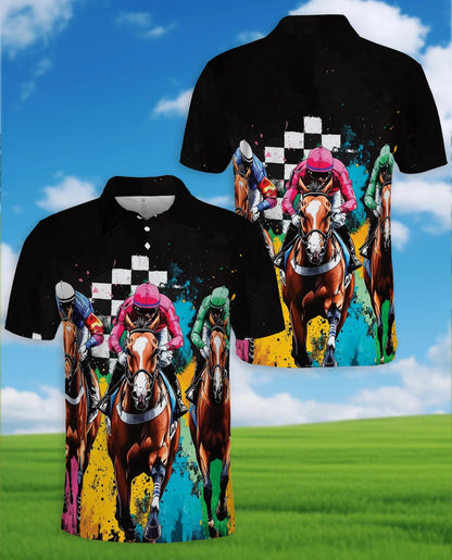 Artistic Colorful Horse Racing Polo Shirt for Men – Equestrian Art Style | Netecom