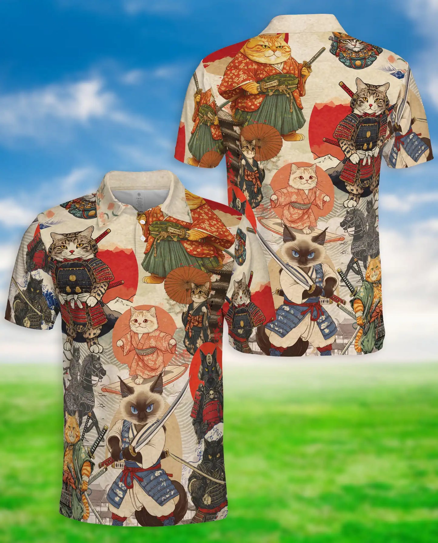 Samurai Cat 3D Polo Shirt for Men – Japanese Warrior Anime Style | Netecom