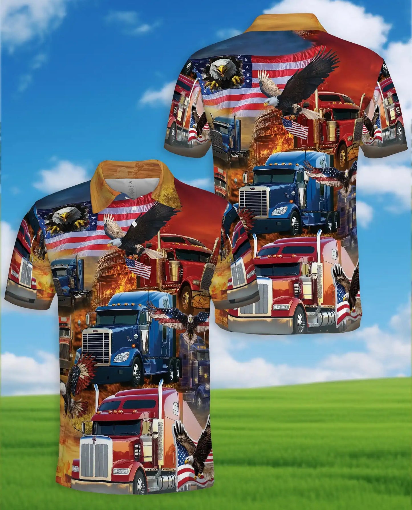 Patriotic Trucker Polo Shirt - American Flag Eagle Semi Truck Design | Netecom
