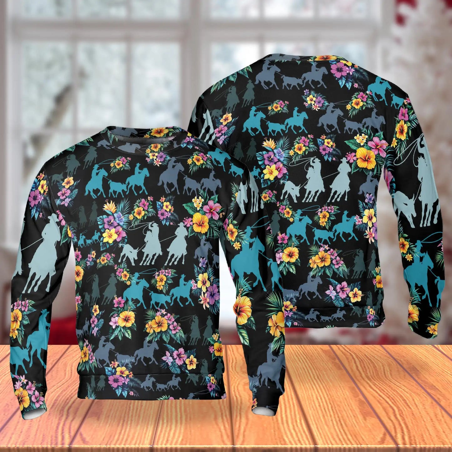 Tropical Team Roping Sweatshirt, 3D All Over Print Western Rodeo Crewneck Pullover for Men Women, Team Roping Lover Gift - Netecom