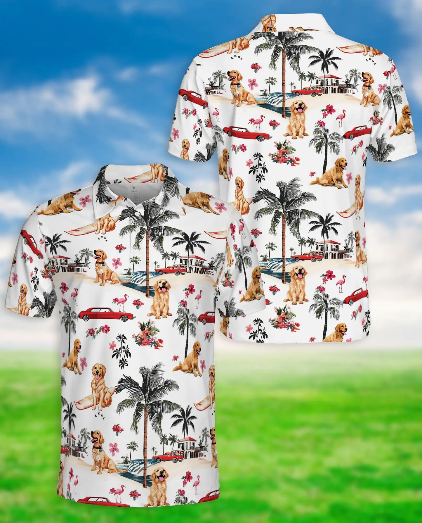 Golden Retriever Tropical 3D Polo Shirt for Men – Beach Vacation Island Style | Netecom