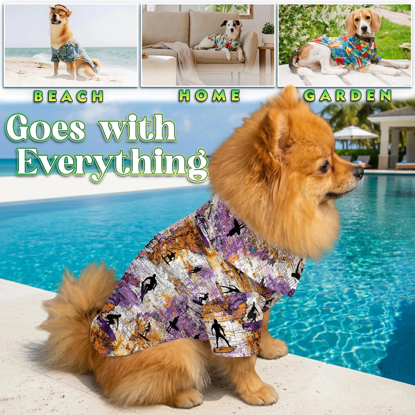 Surfing Summer Print Hawaii Dog and Owner Matching Button Shirts