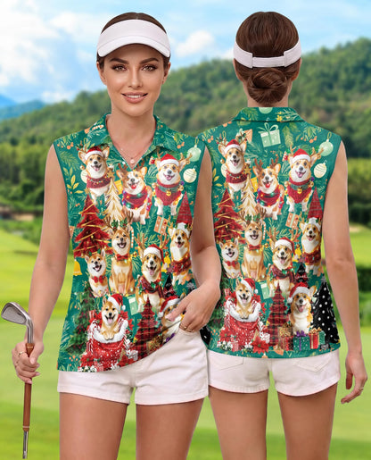 Christmas Corgi Sleeveless Polo Shirt for Women – Cute Dog Holiday Style | Netecom
