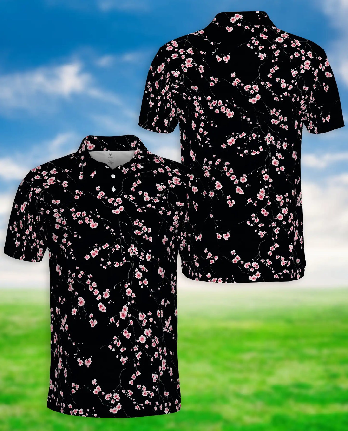 Black Cherry Blossom Hawaiian 3D Polo Shirt | Netecom