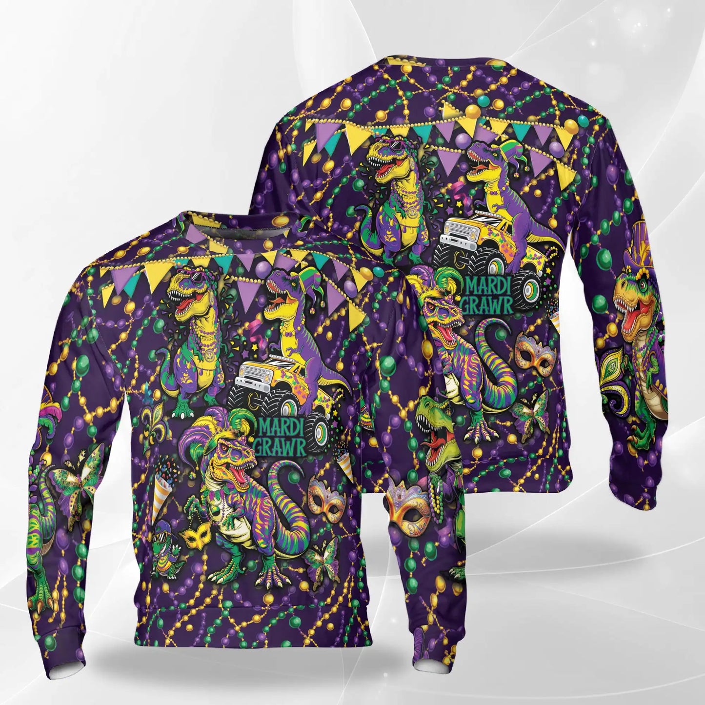 Mardi Grawr Dinosaur Sweatshirt, 3D All Over Print Mardi Gras Dino Crewneck Pullover for Men Women, Dinosaur Lover Gift - Netecom