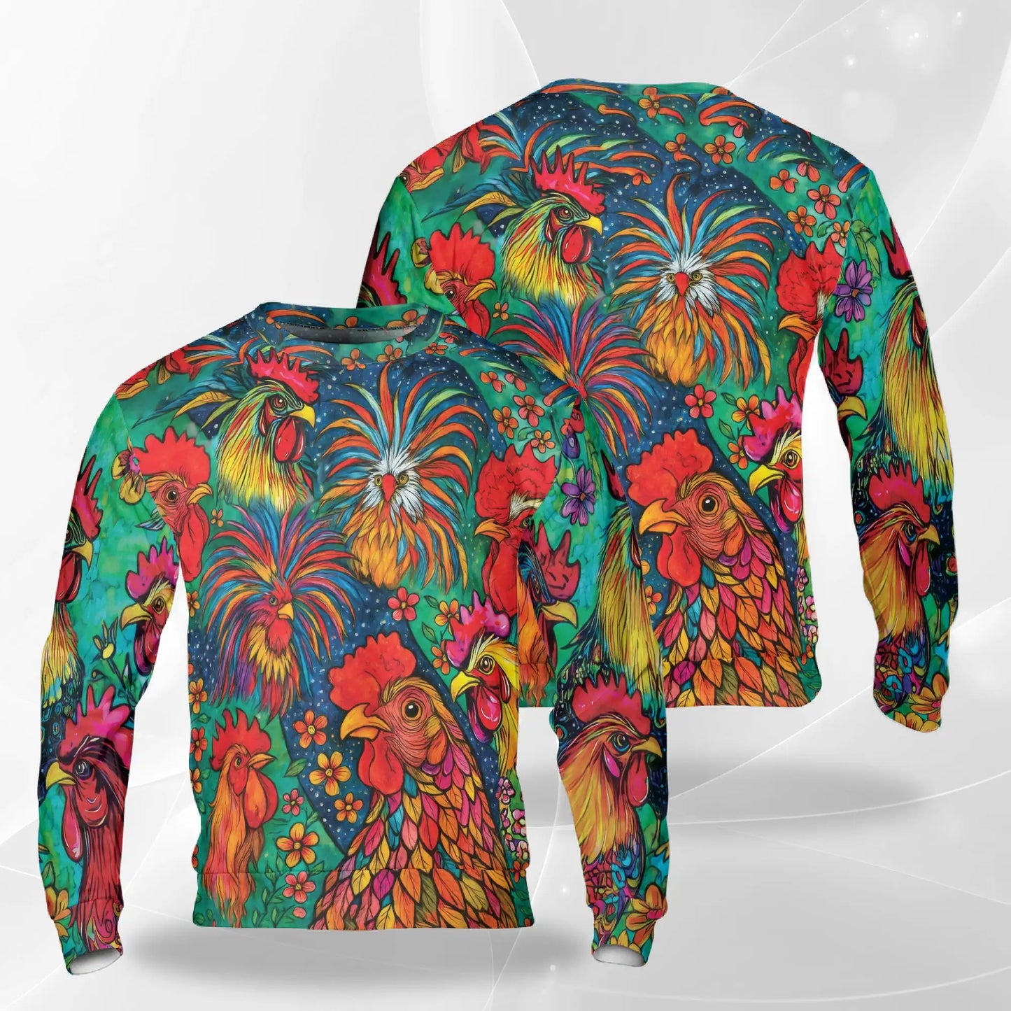 Colorful Chicken Farm Summer Sweatshirt, 3D All Over Print Farm Animal Crewneck Pullover for Men Women, Chicken Lover Gift - Netecom