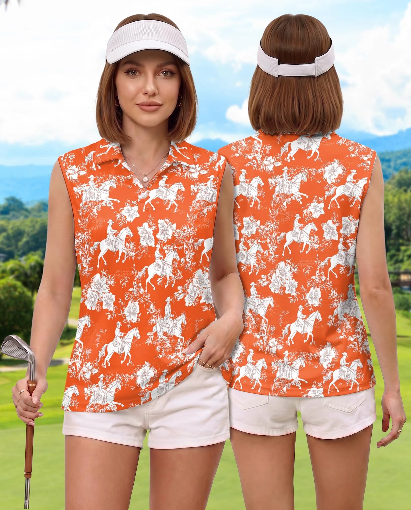 Orange Equestrian Horse Floral Sleeveless Polo Shirt for Women | Netecom