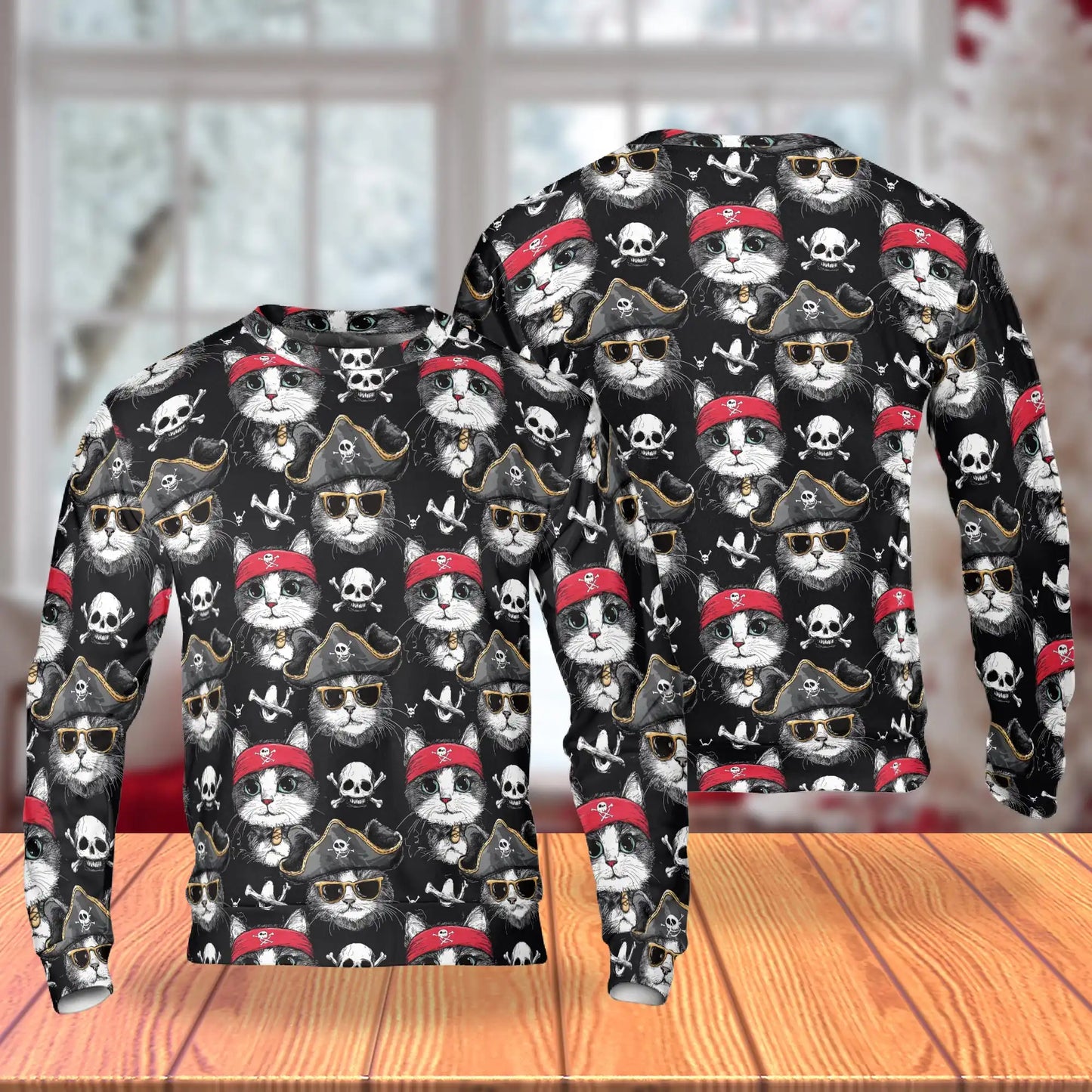 Pirate Cat Sweatshirt, 3D All Over Print Nautical Adventure Crewneck Pullover for Men Women, Pirate Cat Lover Gift - Netecom