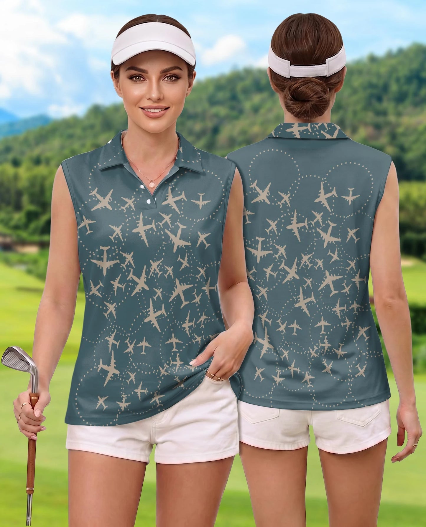 Airplane Pattern Sleeveless Polo Shirt for Women | Netecom