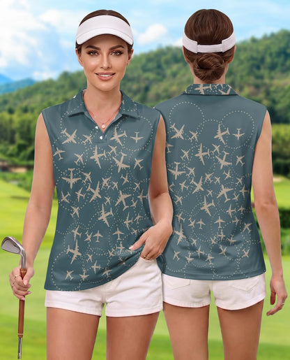 Airplane Pattern Sleeveless Polo Shirt for Women | Netecom