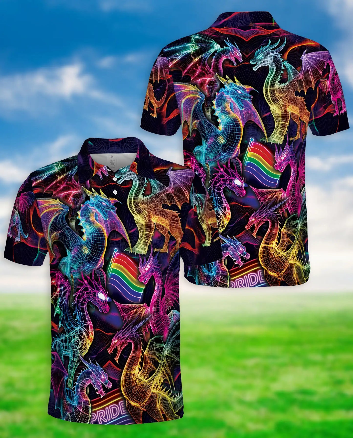 Pride Rainbow Dragon Polo Shirt for Men-Neon Fantasy Dragon Shirt | Netecom