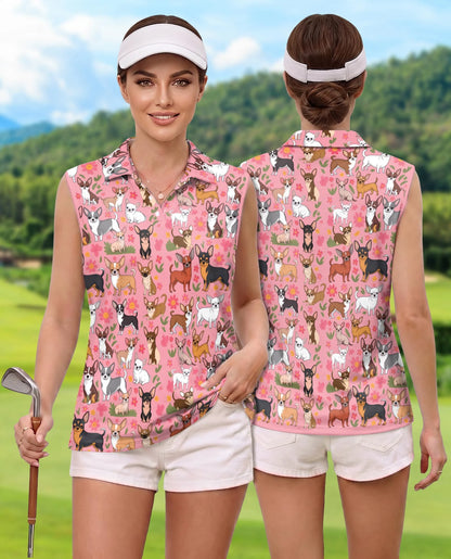 Floral Chihuahua Sleeveless Polo Shirt for Women | Netecom